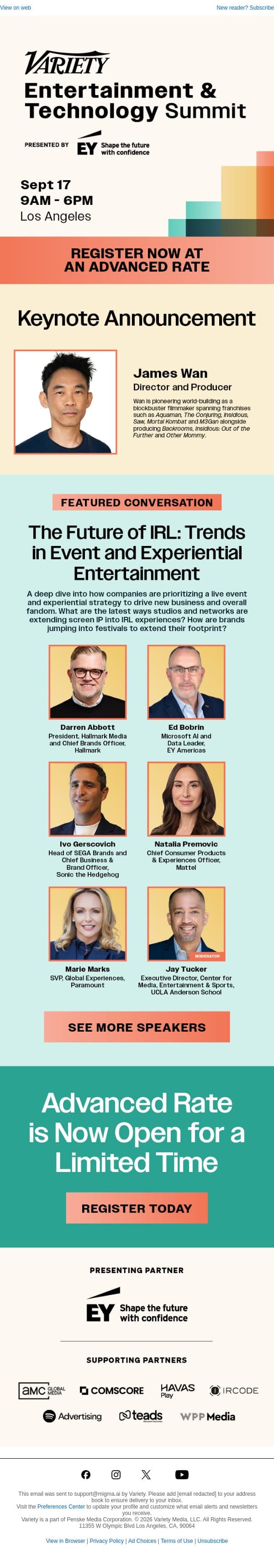 Two Weeks Left for Advanced Rate - Director James Wan to Keynote Variety’s Entertainment & Technology Summit on Sept. 17 email from Variety screenshot