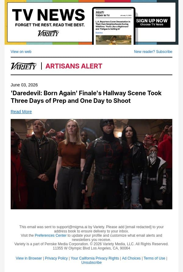 'Daredevil: Born Again' Finale's Hallway Scene Took Three Days of Prep and One Day to Shoot email from Variety screenshot