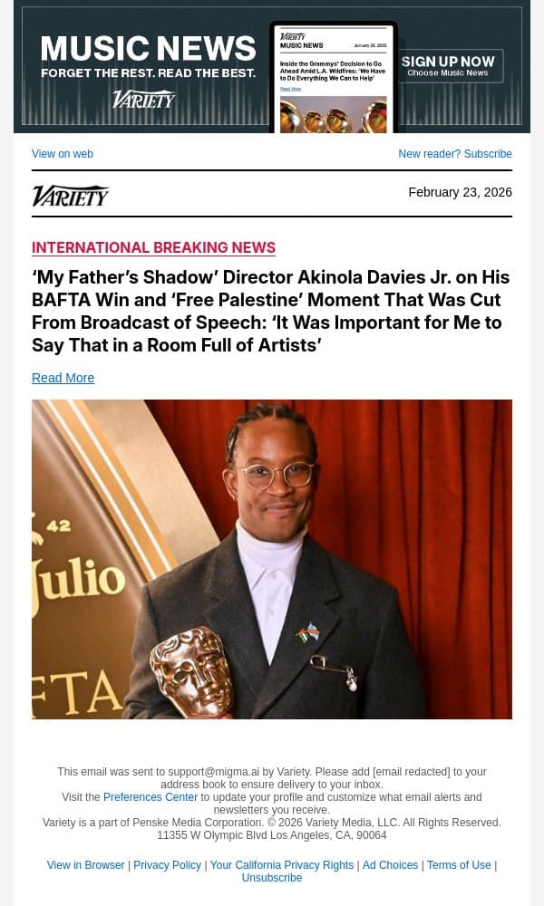 ‘My Father’s Shadow’ Director Akinola Davies Jr. on His BAFTA Win and ‘Free Palestine’ Moment That Was Cut From Broadcast of Speech: ‘It Was Important for Me to Say That in a Room Full of Artists’ email from Variety screenshot