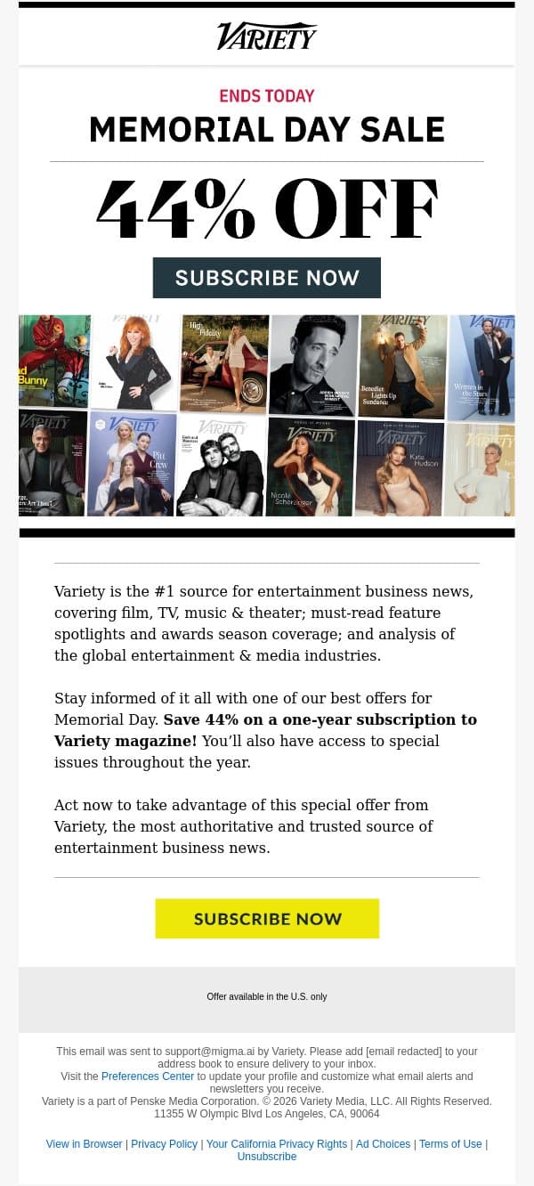 Final Hours! Offer ends today. email from Variety screenshot