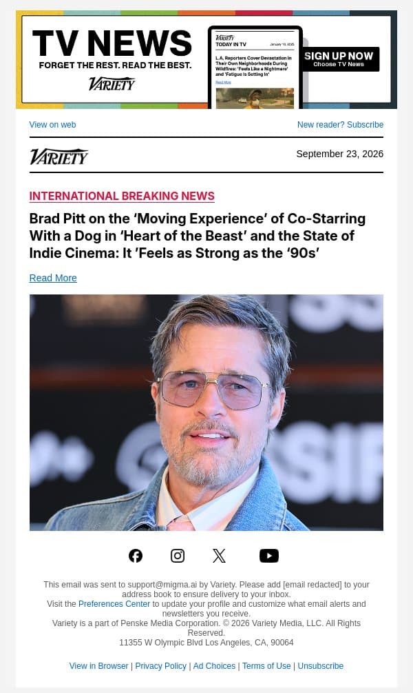Brad Pitt on the ‘Moving Experience’ of Co-Starring With a Dog in ‘Heart of the Beast’ and the State of Indie Cinema: It ’Feels as Strong as the ‘90s’ email from Variety screenshot