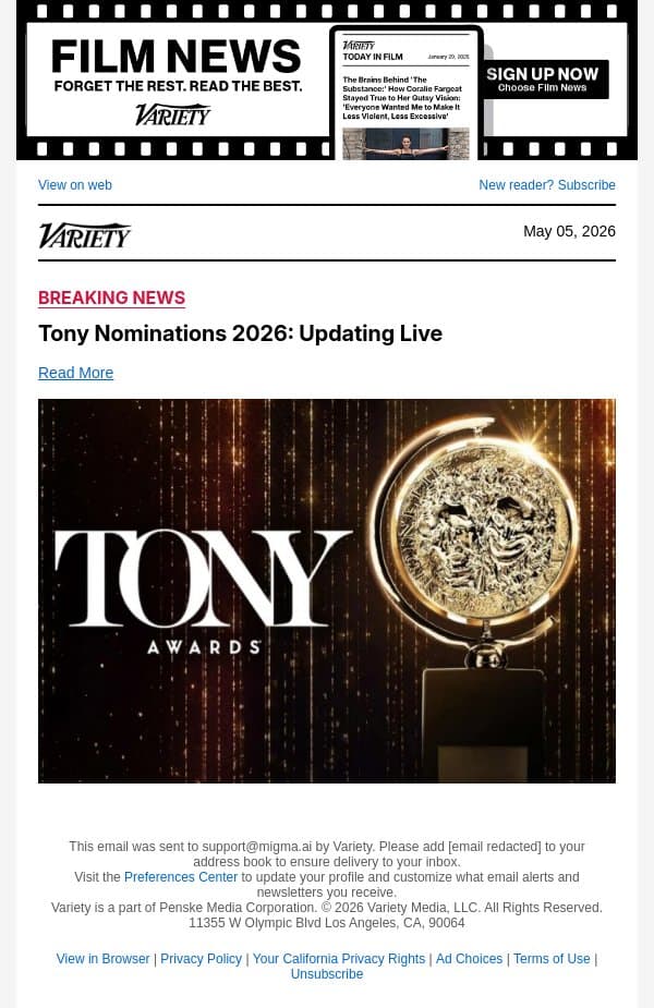 Tony Nominations 2026: Updating Live email from Variety screenshot