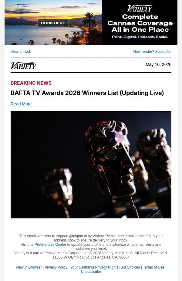Stephen Graham Wins BAFTA TV Award for Leading Actor email from Variety screenshot