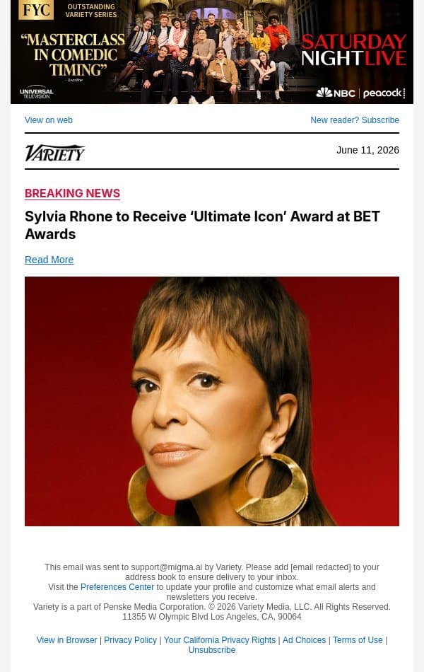 Sylvia Rhone to Receive ‘Ultimate Icon’ Award at BET Awards email from Variety screenshot