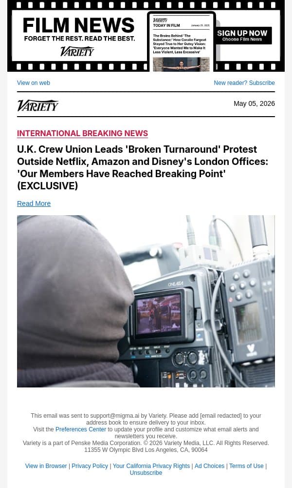 U.K. Crew Union Leads 'Broken Turnaround' Protest Outside Netflix, Amazon and Disney's London Offices: 'Our Members Have Reached Breaking Point' (EXCLUSIVE) email from Variety screenshot