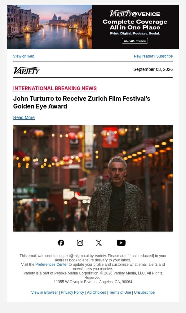 John Turturro to Receive Zurich Film Festival’s Golden Eye Award email from Variety screenshot
