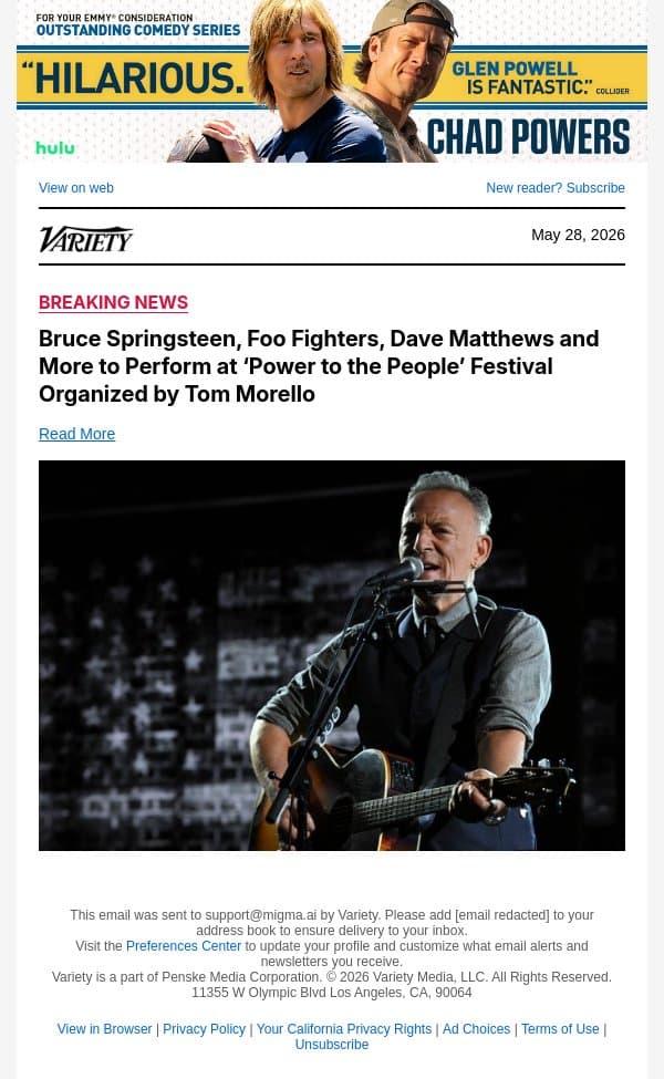 Bruce Springsteen, Foo Fighters, Dave Matthews and More to Perform at ‘Power to the People’ Festival Organized by Tom Morello email from Variety screenshot