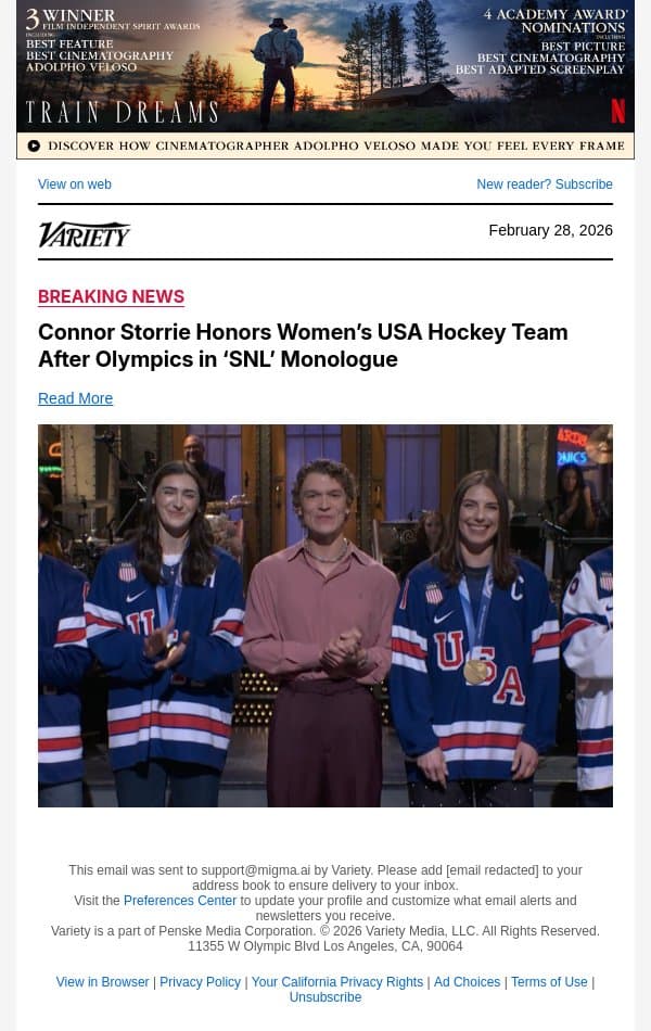 Connor Storrie Honors Women’s USA Hockey Team After Olympics in ‘SNL’ Monologue email from Variety screenshot