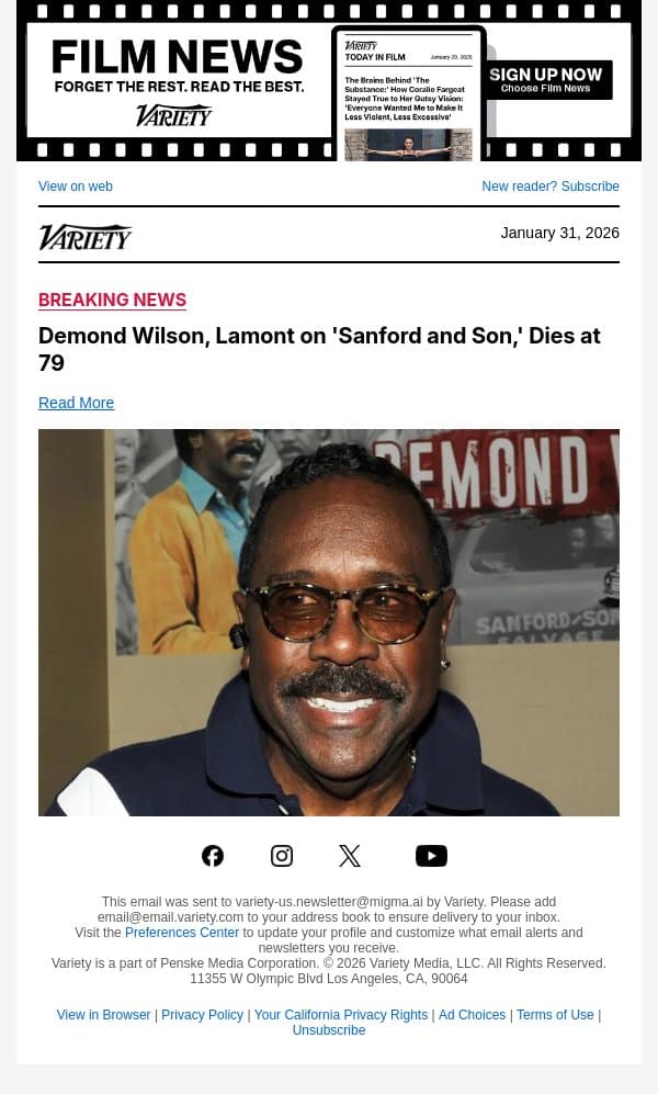 Demond Wilson, Lamont on 'Sanford and Son,' Dies at 79 email from Variety screenshot
