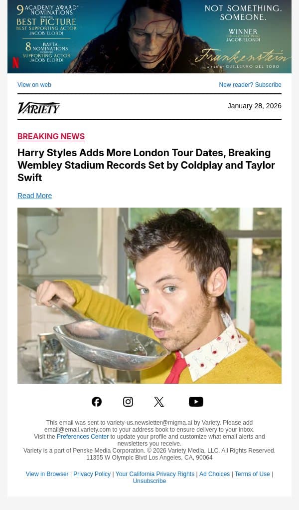 Harry Styles Adds More London Tour Dates, Breaking Wembley Stadium Records Set by Coldplay and Taylor Swift email from Variety screenshot