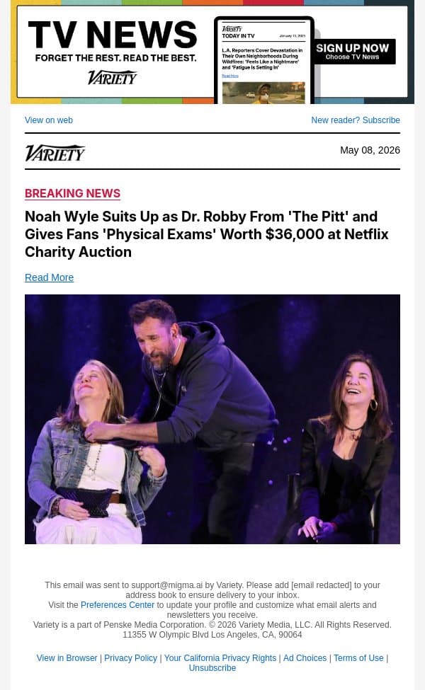 Noah Wyle Suits Up as Dr. Robby From 'The Pitt' and Gives Fans 'Physical Exams' Worth $36,000 at Netflix Charity Auction email from Variety screenshot
