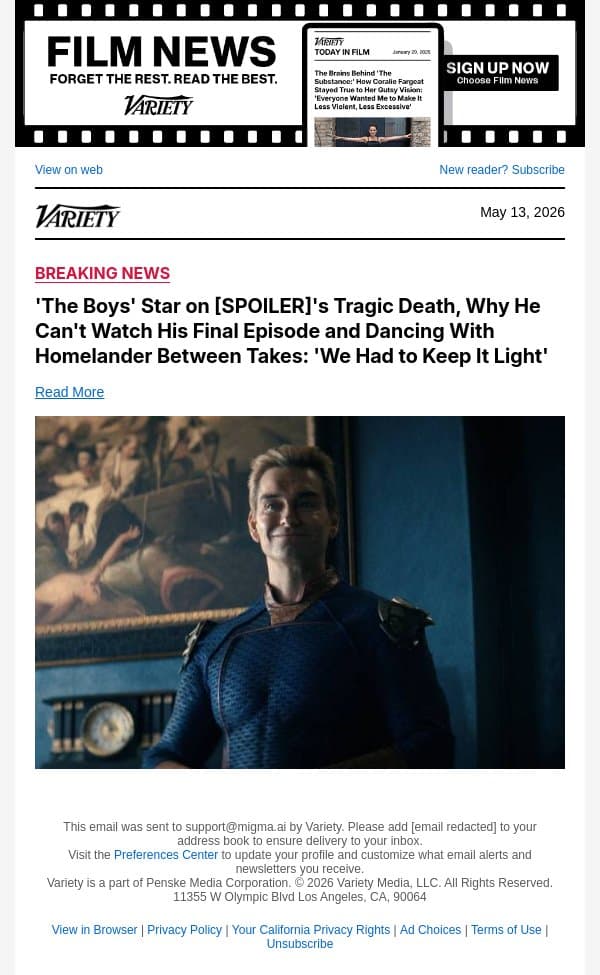 'The Boys' Star on [SPOILER]'s Tragic Death, Why He Can't Watch His Final Episode and Dancing With Homelander Between Takes: 'We Had to Keep It Light' email from Variety screenshot