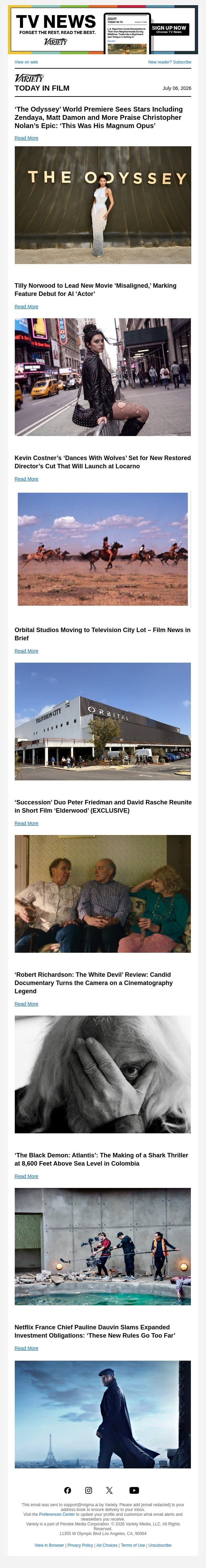 ‘The Odyssey’ World Premiere; Tilly Norwood Movie; ‘Dances With Wolves’ New Director’s Cut email from Variety screenshot