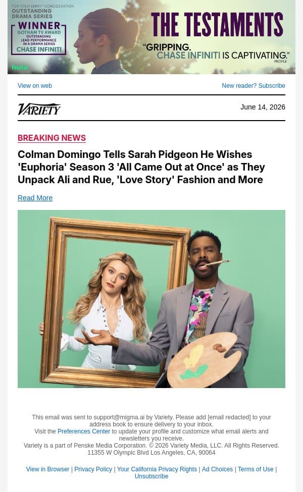 Colman Domingo Tells Sarah Pidgeon He Wishes 'Euphoria' Season 3 'All Came Out at Once' as They Unpack Ali and Rue, 'Love Story' Fashion and More email from Variety screenshot