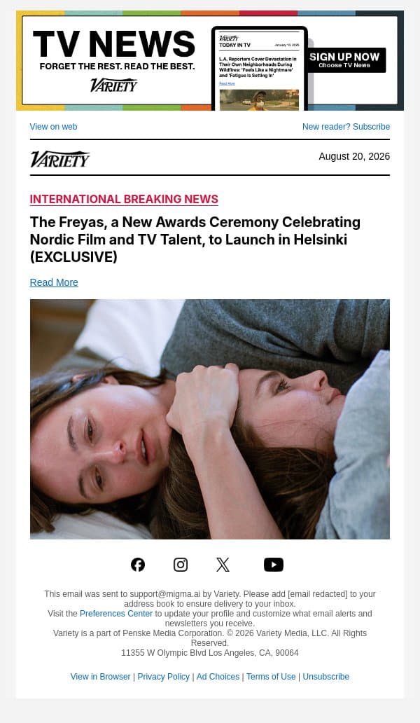 The Freyas, a New Awards Ceremony Celebrating Nordic Film and TV Talent, to Launch in Helsinki (EXCLUSIVE) email from Variety screenshot