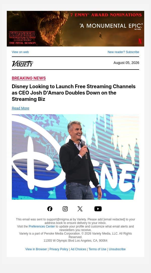 Disney Looking to Launch Free Streaming Channels as CEO Josh D'Amaro Doubles Down on the Streaming Biz email from Variety screenshot