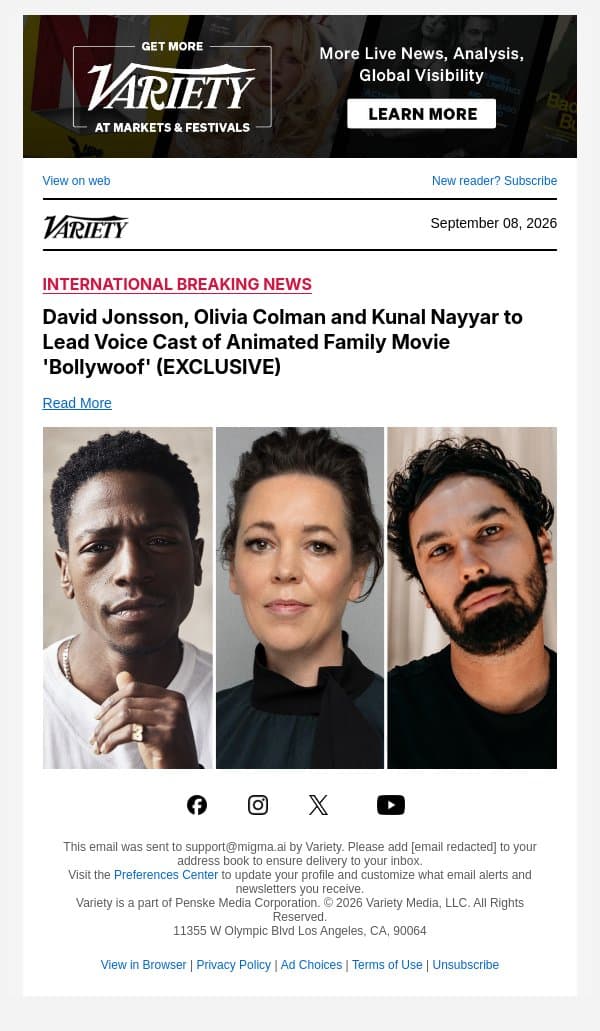 David Jonsson, Olivia Colman and Kunal Nayyar to Lead Voice Cast of Animated Family Movie 'Bollywoof' (EXCLUSIVE) email from Variety screenshot