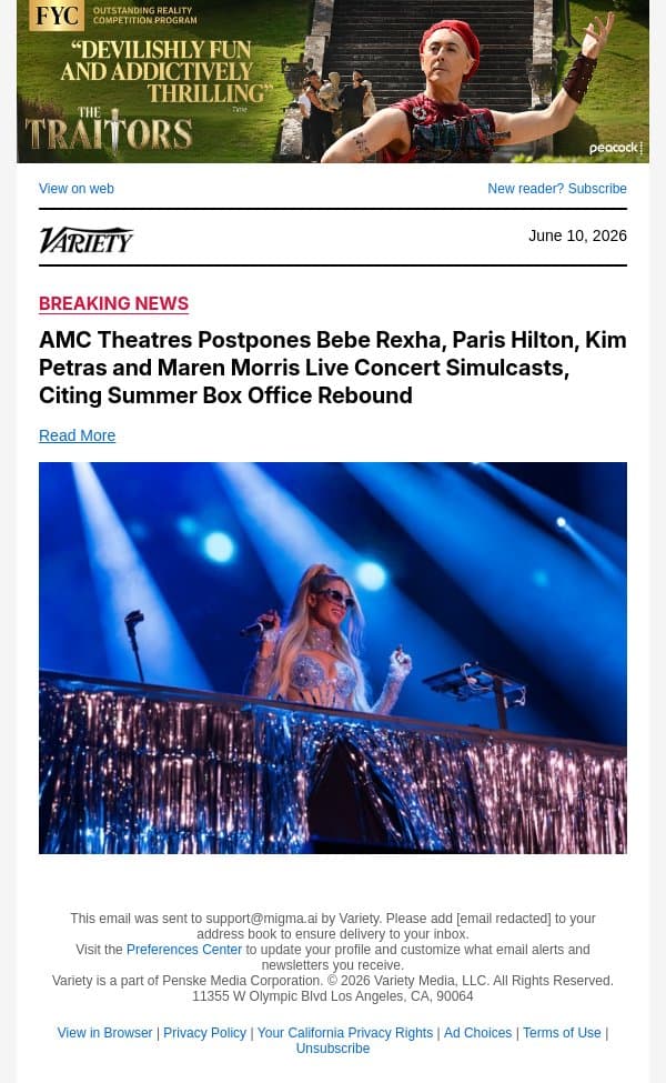 AMC Theatres Postpones Bebe Rexha, Paris Hilton, Kim Petras and Maren Morris Live Concert Simulcasts, Citing Summer Box Office Rebound email from Variety screenshot