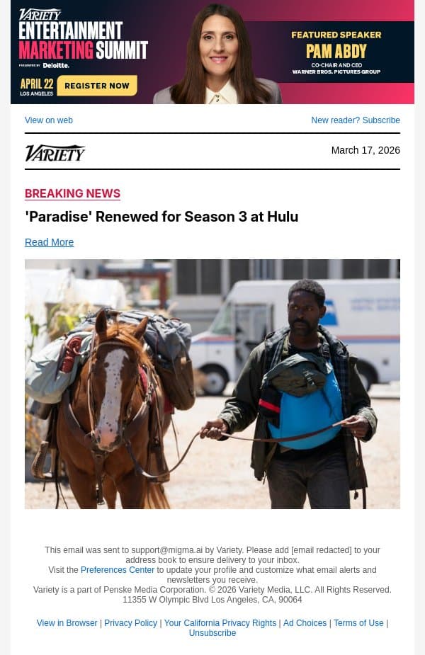 'Paradise' Renewed for Season 3 at Hulu email from Variety screenshot