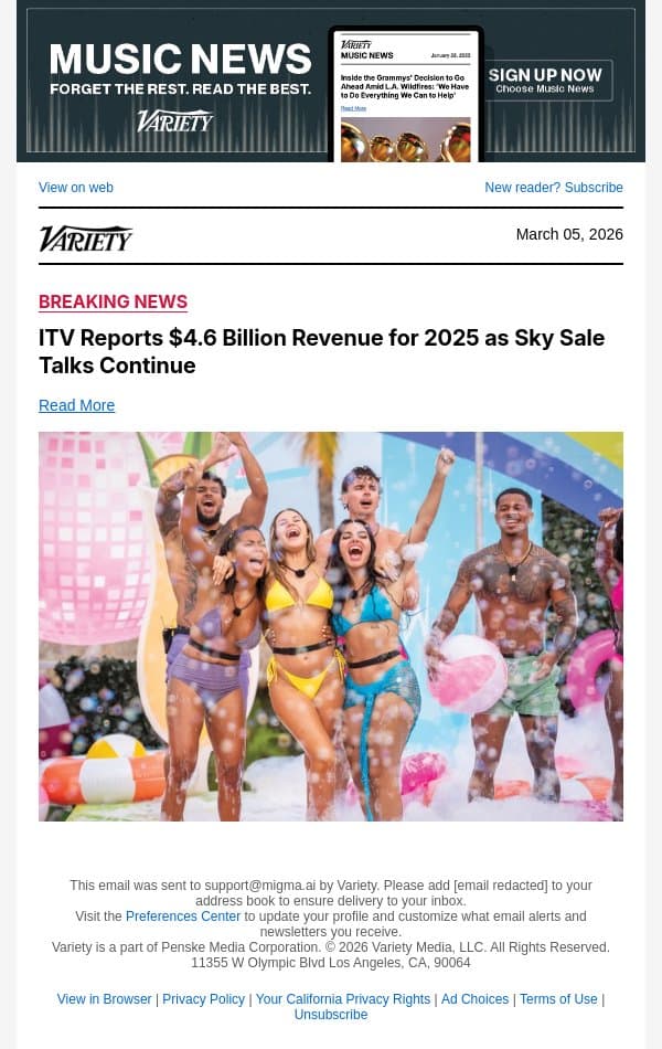 ITV Reports $4.6 Billion Revenue for 2025 as Sky Sale Talks Continue email from Variety screenshot