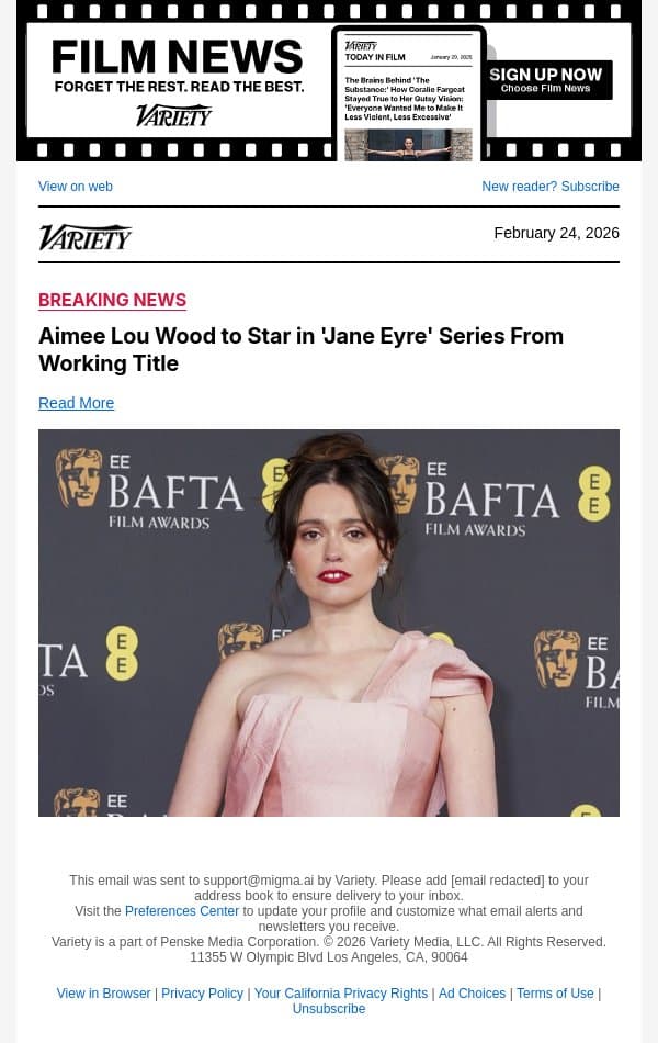Aimee Lou Wood to Star in 'Jane Eyre' Series From Working Title email from Variety screenshot