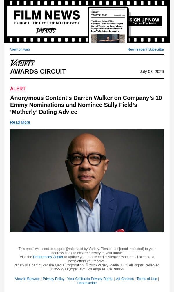 Anonymous Content’s Darren Walker on Company’s 10 Emmy Nominations and Nominee Sally Field’s ‘Motherly’ Dating Advice email from Variety screenshot