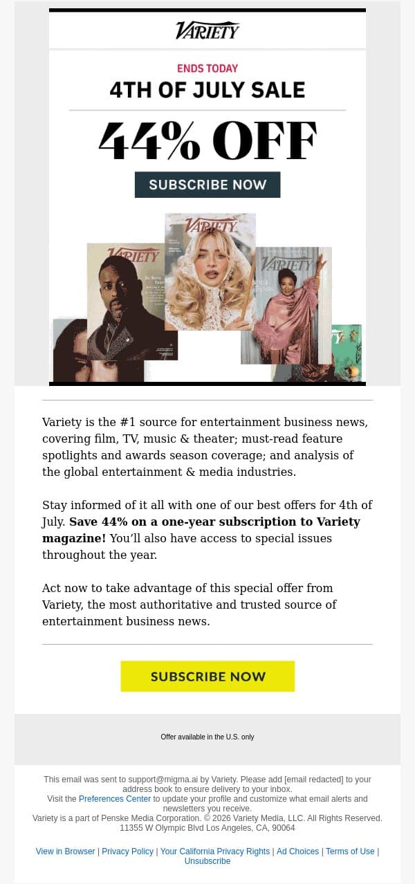 Final hours! Offer ends today. email from Variety screenshot