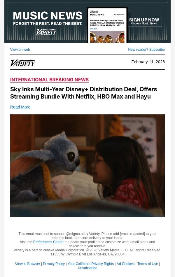 Sky Inks Multi-Year Disney+ Distribution Deal, Offers Streaming Bundle With Netflix, HBO Max and Hayu email from Variety screenshot