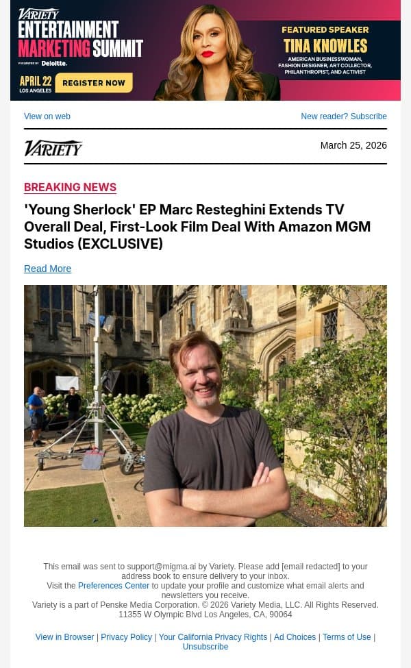 'Young Sherlock' EP Marc Resteghini Extends TV Overall Deal, First-Look Film Deal With Amazon MGM Studios (EXCLUSIVE) email from Variety screenshot