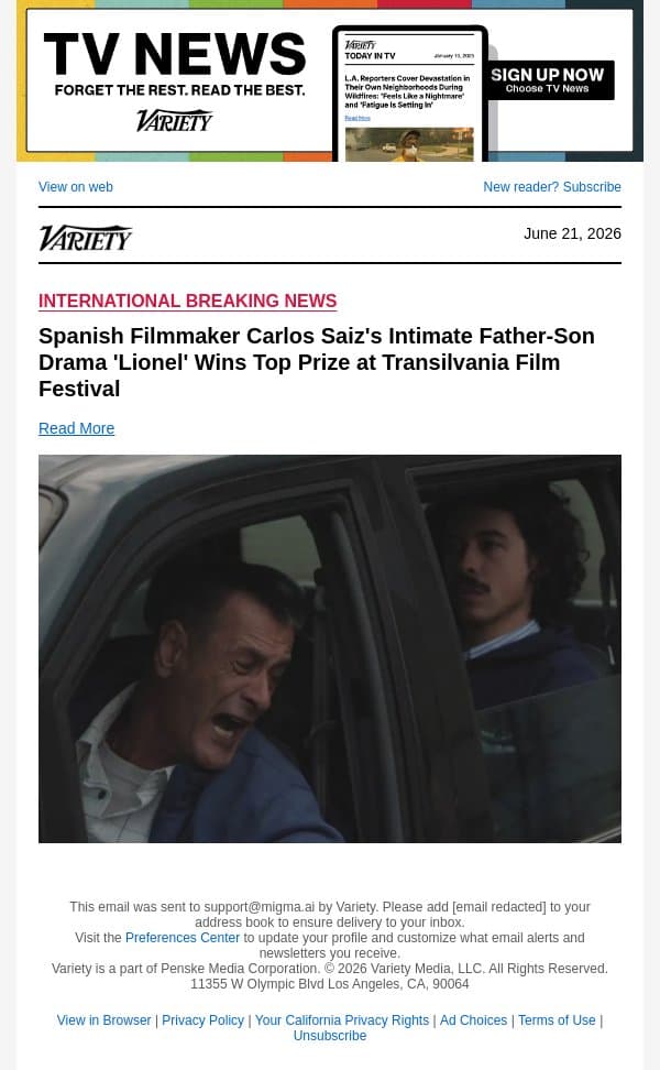 Spanish Filmmaker Carlos Saiz's Intimate Father-Son Drama 'Lionel' Wins Top Prize at Transilvania Film Festival email from Variety screenshot