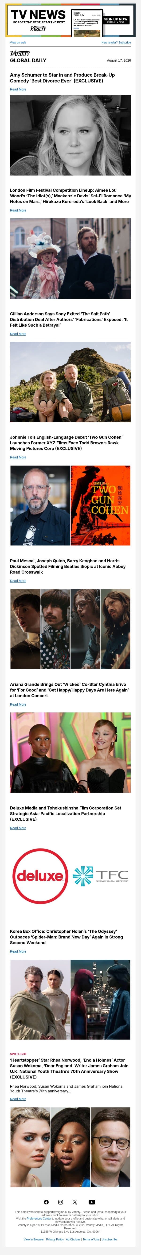 Amy Schumer's New Movie; London Film Fest Lineup; Gillian Anderson on 'Salt Path' Drama email from Variety screenshot