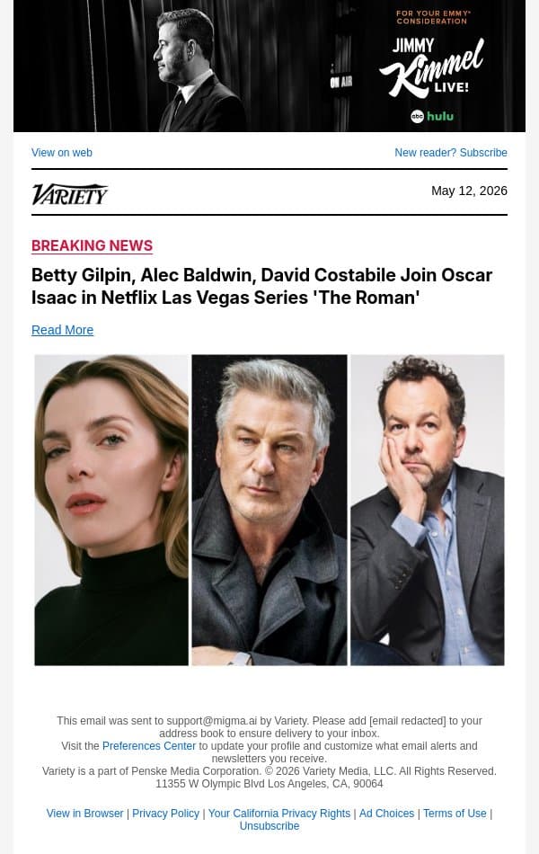 Betty Gilpin, Alec Baldwin, David Costabile Join Oscar Isaac in Netflix Las Vegas Series 'The Roman' email from Variety screenshot
