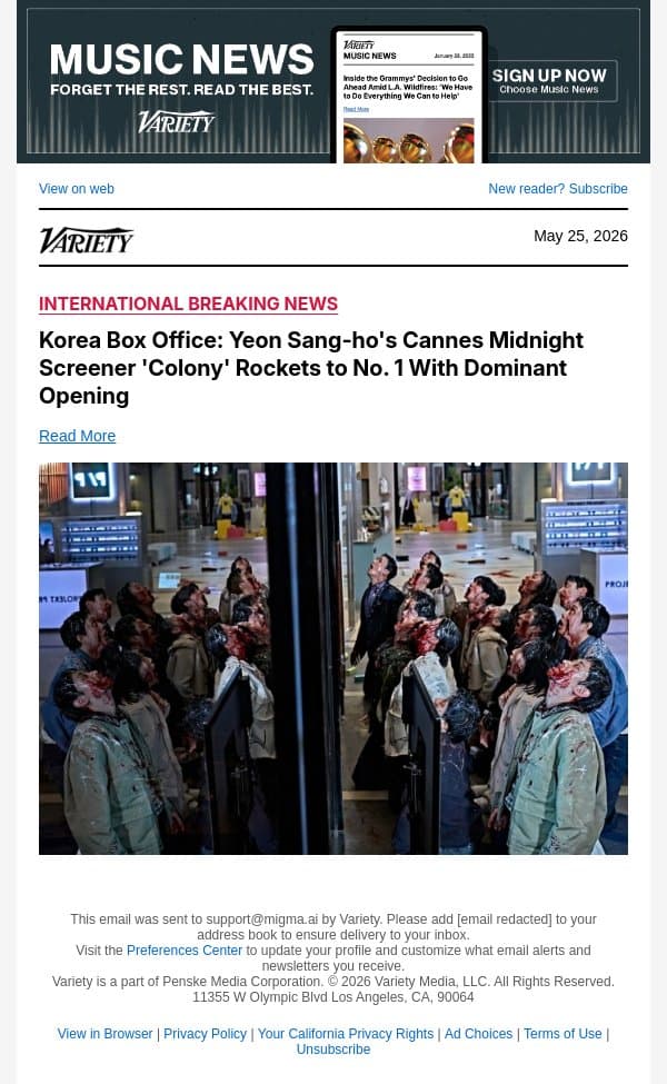 Korea Box Office: Yeon Sang-ho's Cannes Midnight Screener 'Colony' Rockets to No. 1 With Dominant Opening email from Variety screenshot