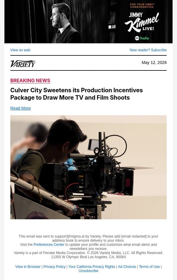 Culver City Sweetens its Production Incentives Package to Draw More TV and Film Shoots email from Variety screenshot