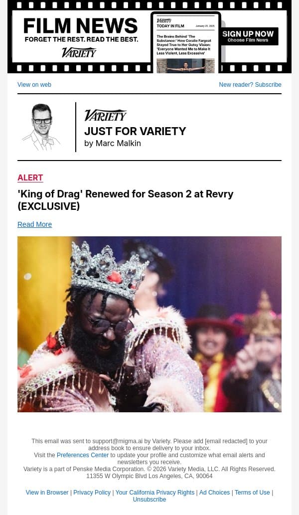 'King of Drag' Renewed for Season 2 at Revry (EXCLUSIVE) email from Variety screenshot