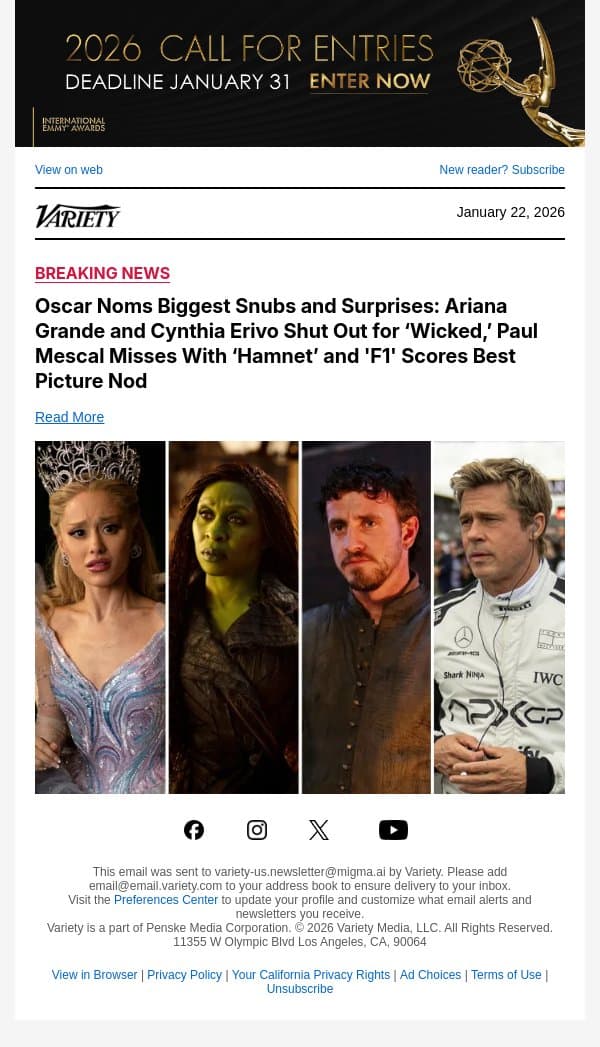 Oscar Noms Biggest Snubs and Surprises: Ariana Grande and Cynthia Erivo Shut Out for ‘Wicked,’ Paul Mescal Misses With ‘Hamnet’ and 'F1' Scores Best Picture Nod email from Variety screenshot