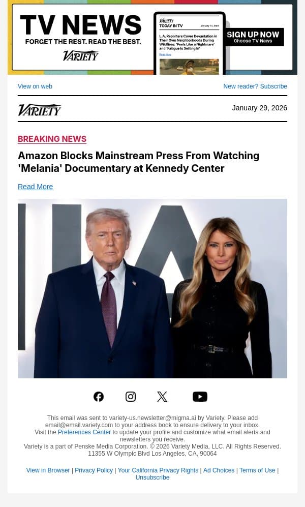 Amazon Blocks Mainstream Press From Watching 'Melania' Documentary at Kennedy Center email from Variety screenshot