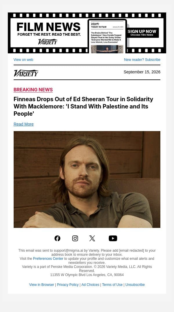 Finneas Drops Out of Ed Sheeran Tour in Solidarity With Macklemore: 'I Stand With Palestine and Its People' email from Variety screenshot