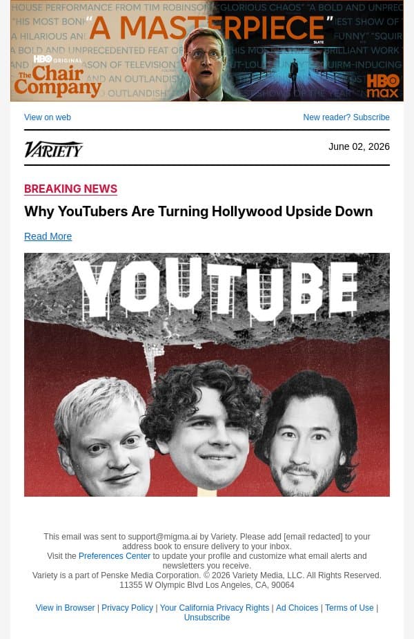 Why YouTubers Are Turning Hollywood Upside Down email from Variety screenshot