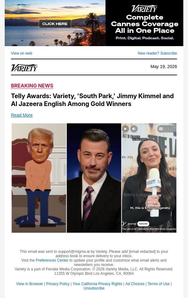 Telly Awards: Variety, 'South Park,' Jimmy Kimmel and Al Jazeera English Among Gold Winners email from Variety screenshot