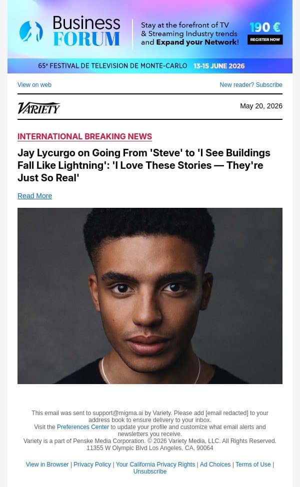 Jay Lycurgo on Going From 'Steve' to 'I See Buildings Fall Like Lightning': 'I Love These Stories — They're Just So Real' email from Variety screenshot