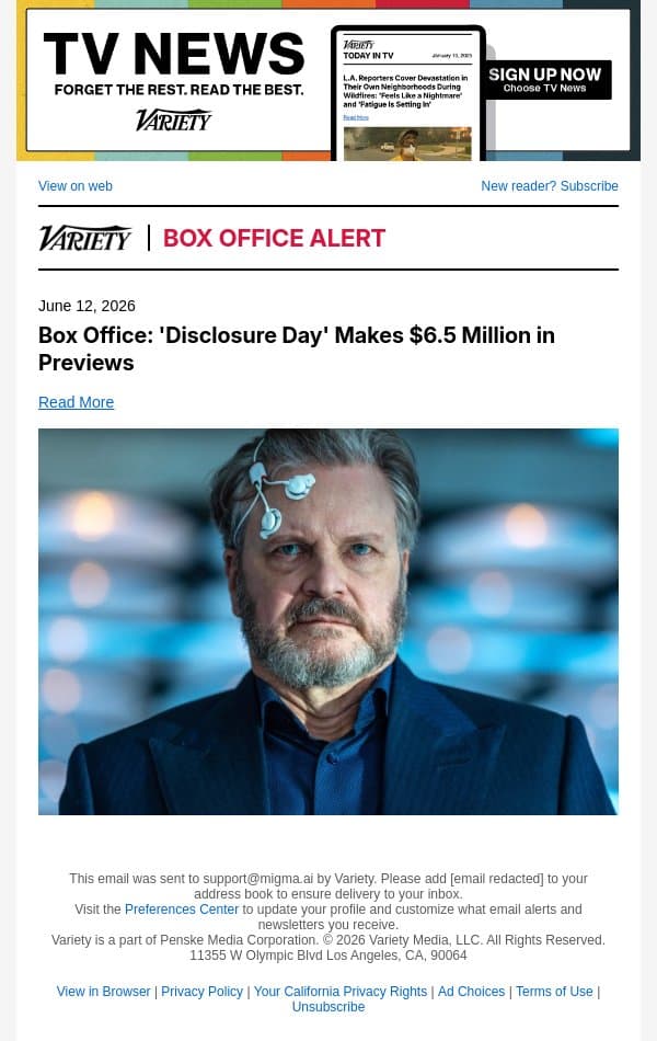 Box Office: 'Disclosure Day' Makes $6.5 Million in Previews email from Variety screenshot