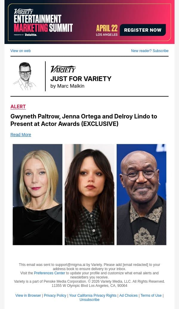 Gwyneth Paltrow, Jenna Ortega and Delroy Lindo to Present at Actor Awards (EXCLUSIVE) email from Variety screenshot