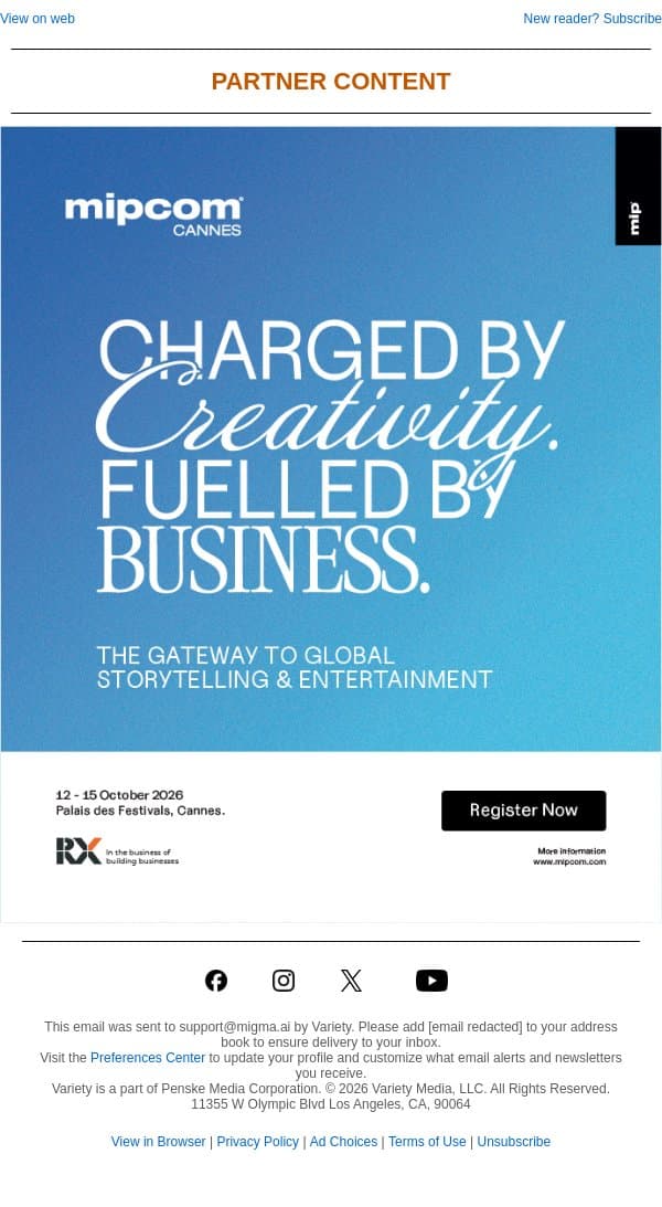 Where the world's biggest stories become the world's biggest deals. Join MIPCOM Cannes. email from Variety screenshot