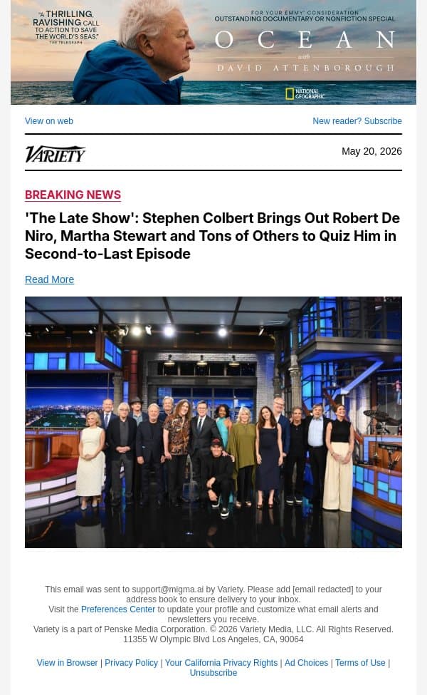 'The Late Show': Stephen Colbert Brings Out Robert De Niro, Martha Stewart and Tons of Others to Quiz Him in Second-to-Last Episode email from Variety screenshot
