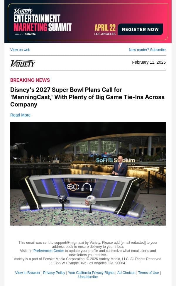 Disney's 2027 Super Bowl Plans Call for 'ManningCast,' With Plenty of Big Game Tie-Ins Across Company email from Variety screenshot