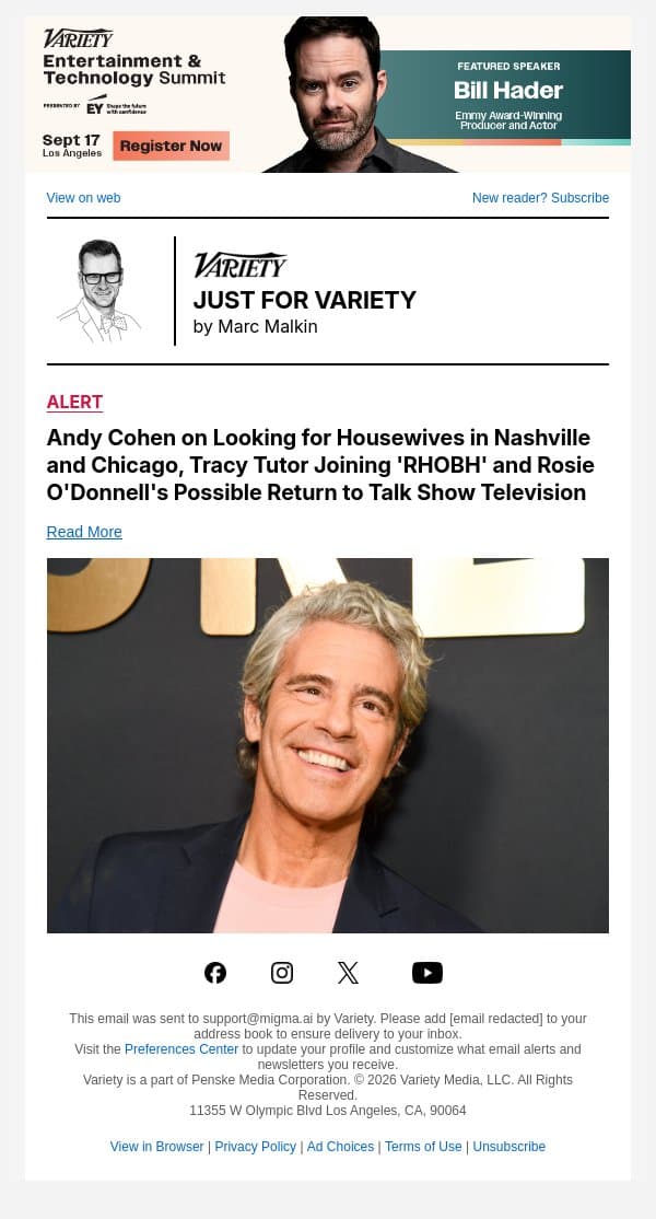 Andy Cohen on Looking for Housewives in Nashville and Chicago, Tracy Tutor Joining 'RHOBH' and Rosie O'Donnell's Possible Return to Talk Show Television email from Variety screenshot