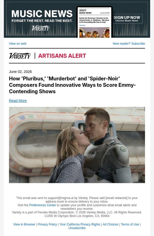 How 'Pluribus,' 'Murderbot' and 'Spider-Noir' Composers Found Innovative Ways to Score Emmy-Contending Shows email from Variety screenshot