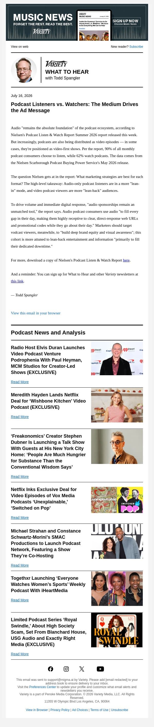 What to Hear Podcast Newsletter: Marketing to Listeners vs. Watchers; Elvis Duran's New Podcast Venture; Freakonomics' Stephen Dubner Bows New Show; Netflix Takes Two Vox Shows; and More email from Variety screenshot