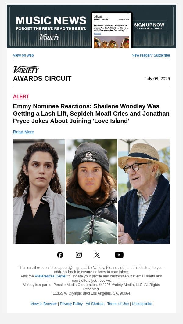 Emmy Nominee Reactions: Shailene Woodley Was Getting a Lash Lift, Sepideh Moafi Cries and Jonathan Pryce Jokes About Joining 'Love Island' email from Variety screenshot
